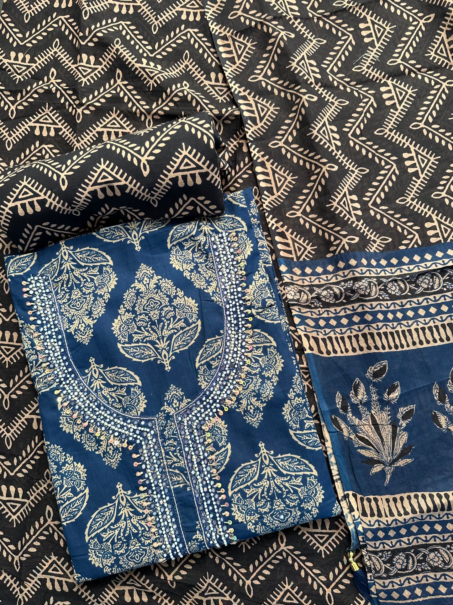 Navy Blue Printed Cotton 3-Piece Suit