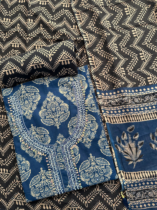 Navy Blue Printed Cotton 3-Piece Suit