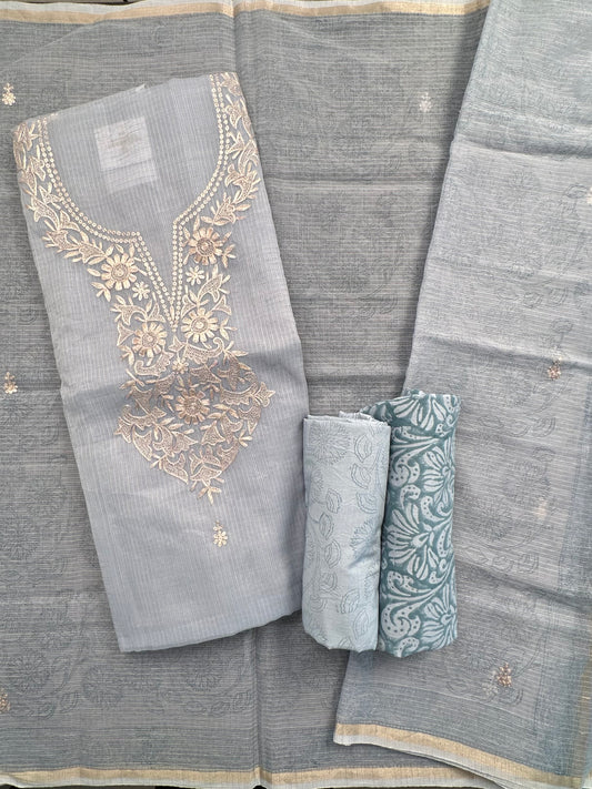 Grey 4-Piece Kota Doria Cotton Unstitched Suit