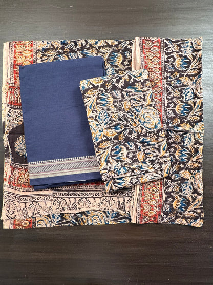 Navy Blue Mangalgiri Cotton Unstitched 3-Piece Suit