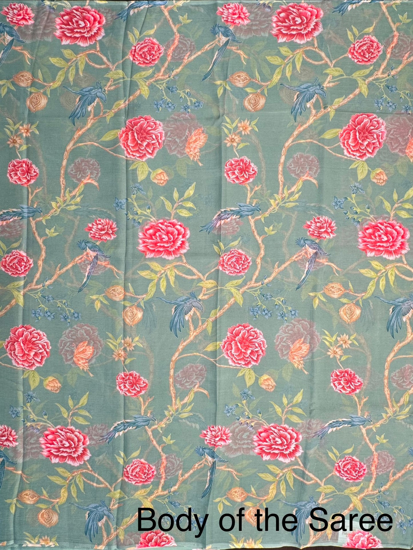 Sage Green Floral Print Chiffon Saree