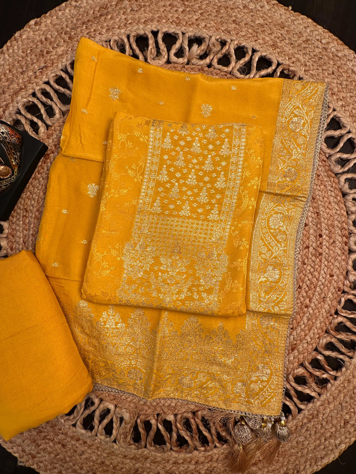Mustard Artificial Crepe Unstitched 3-Piece Suit