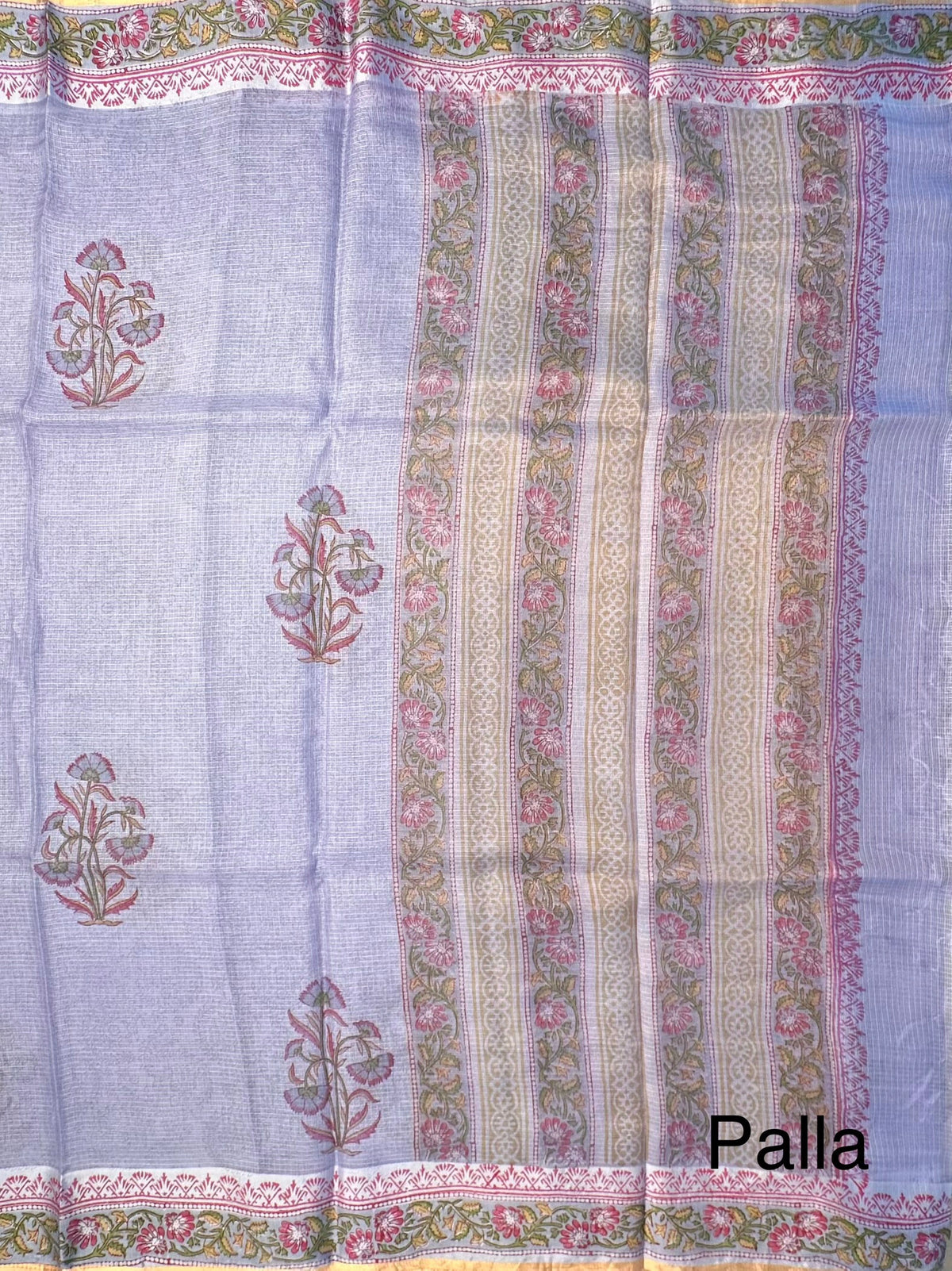 Blue Hand Block-Print Pure Kota Doria Silk Saree