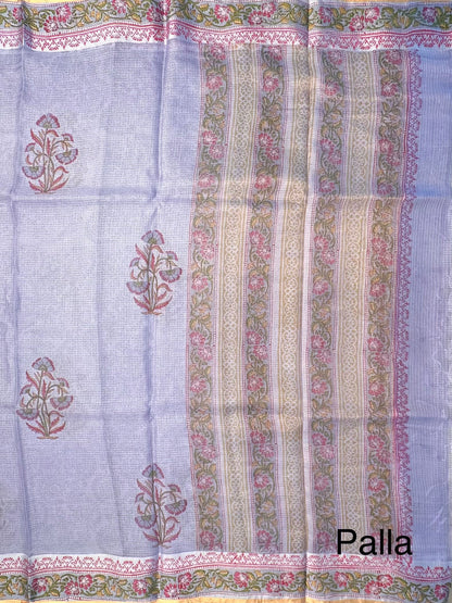 Blue Hand Block-Print Pure Kota Doria Silk Saree