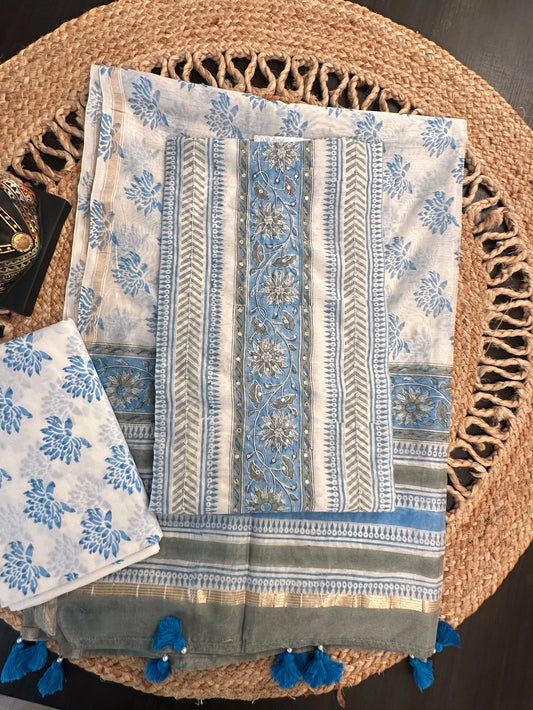 Off White-Blue Hand Block Printed Chanderi 3-Piece Unstitched Suit with Aari Work