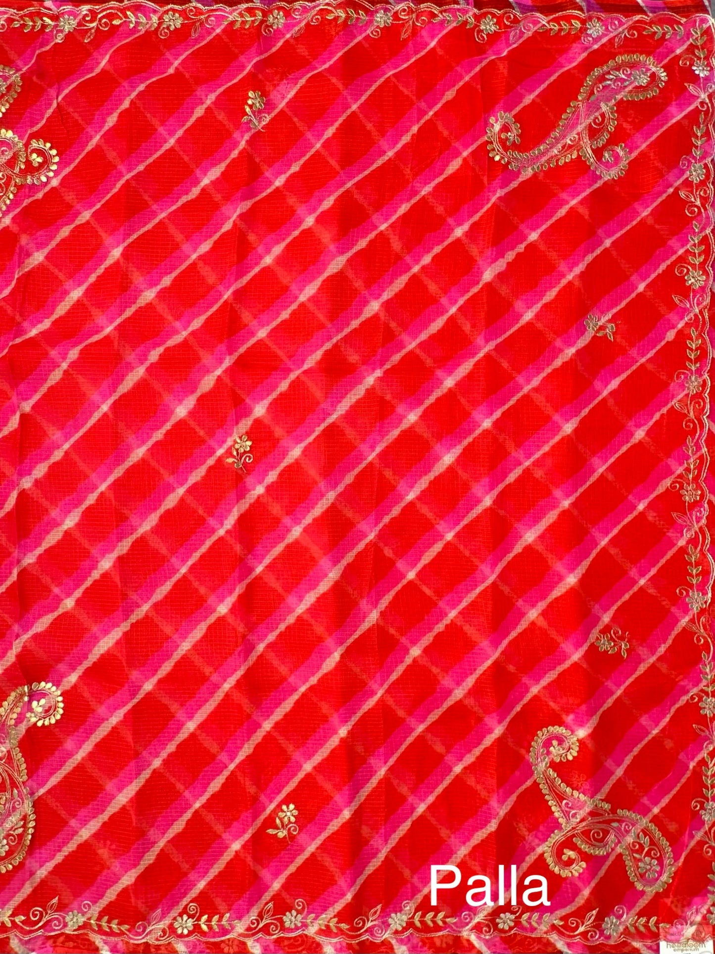 Orange-Pink Kyra Leheriya Kota Doria Pure Silk Saree With Gota Patti Work