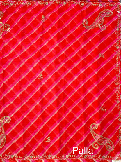 Orange-Pink Kyra Leheriya Kota Doria Pure Silk Saree With Gota Patti Work