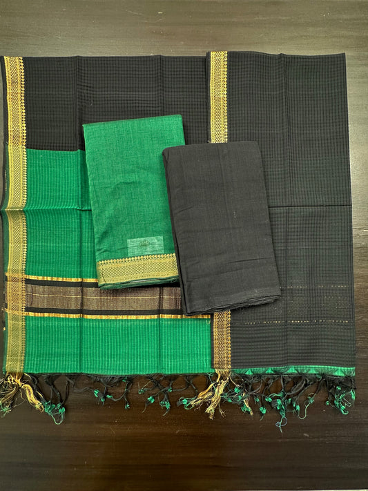 Green-Black Mangalgiri Pure Cotton Unstitched 3-Piece Suit