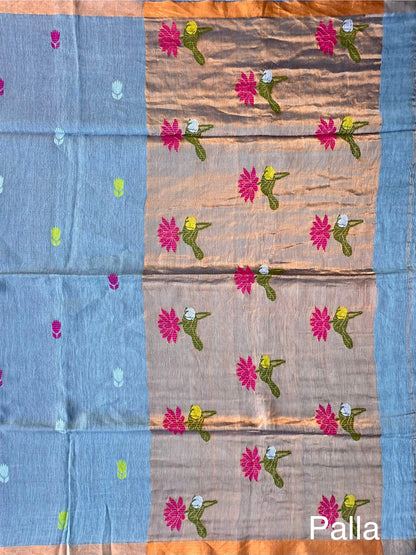 Firozi Fancy Cotton Tissue Saree ( Linen Texture)