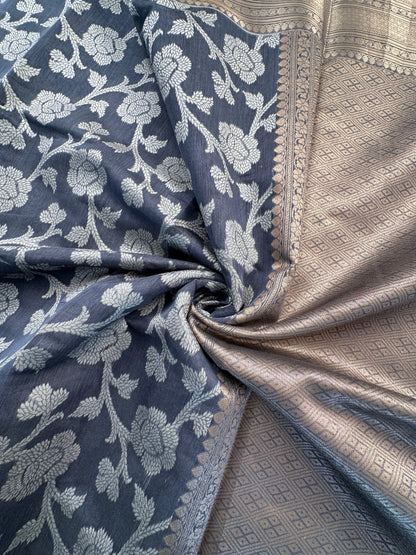 Grey Floral  Emboss Chanderi Saree