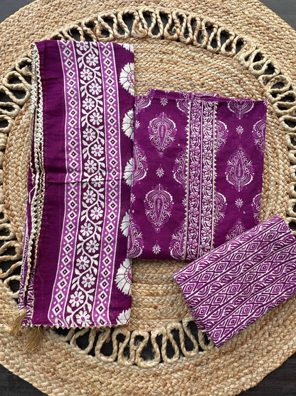 Magenta Jaipuri Necktie Cotton 3-Piece Suit
