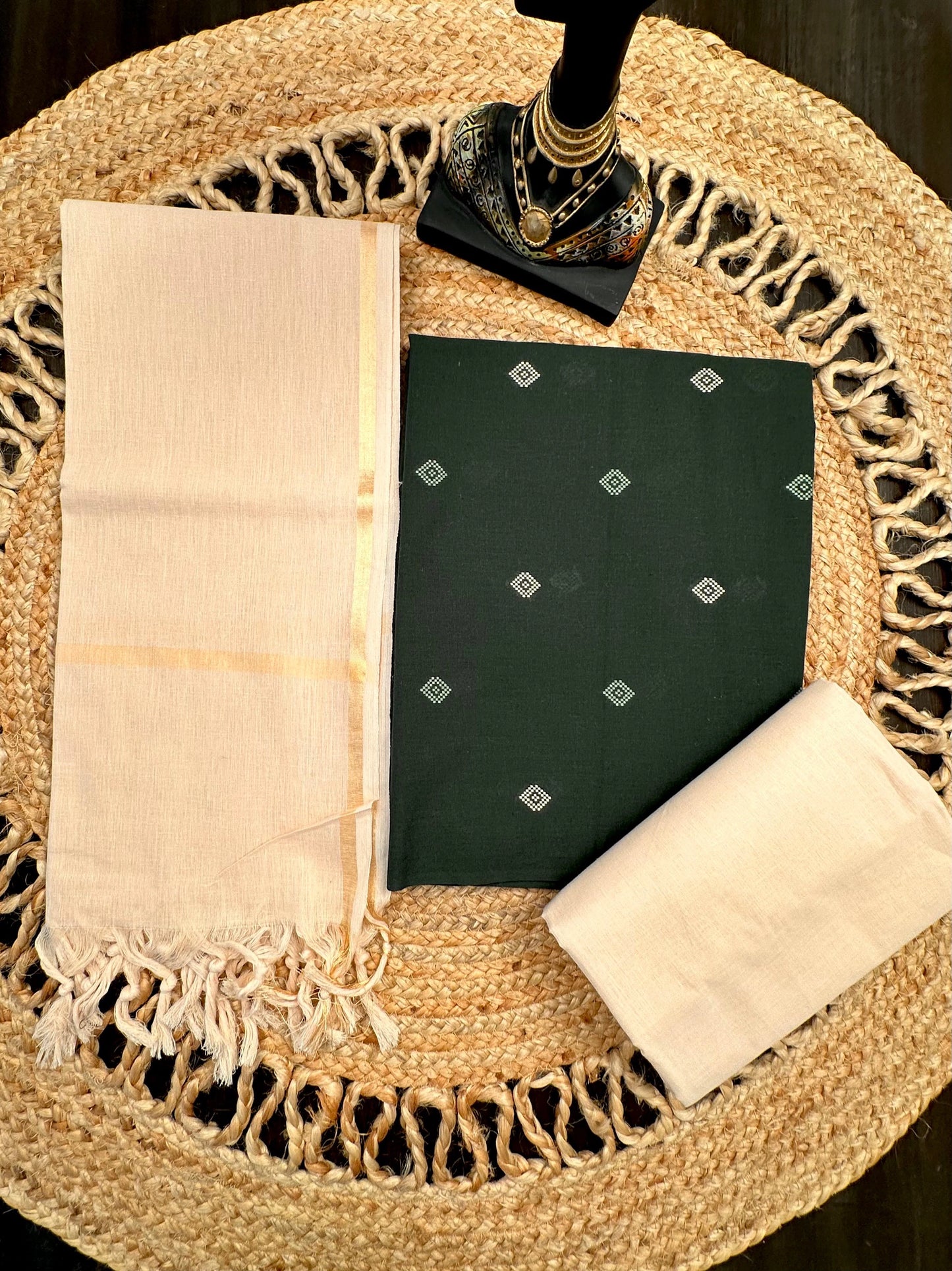 Bottle Green-Beige South Cotton 3-Piece Suit