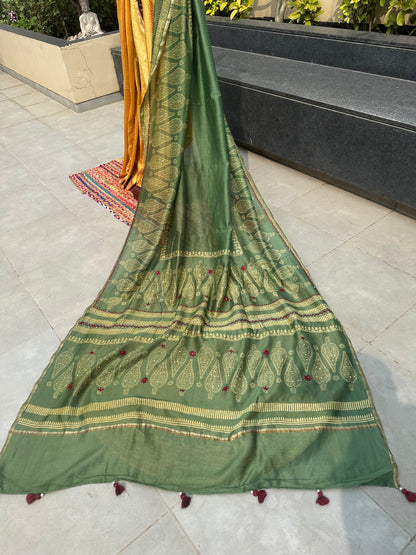 Mustard-Green Block Print Chanderi Saree With Kaantha Stitch