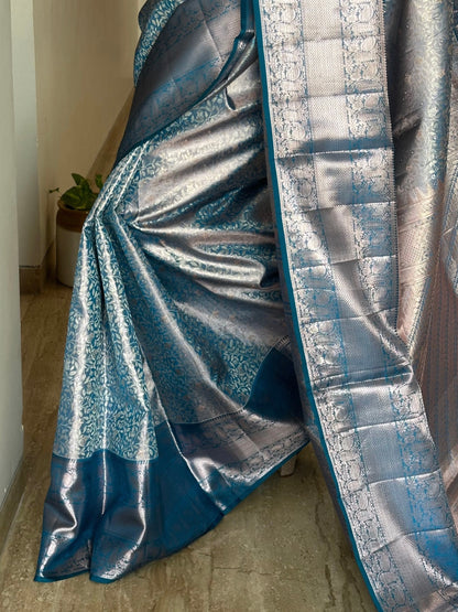 Blue Handloom  Jamawar Pure Tissue Silk Saree