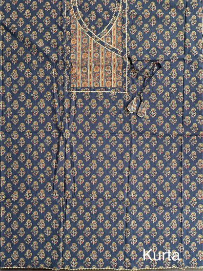 Navy Blue Angrakha Printed Cotton 3-Piece Suit
