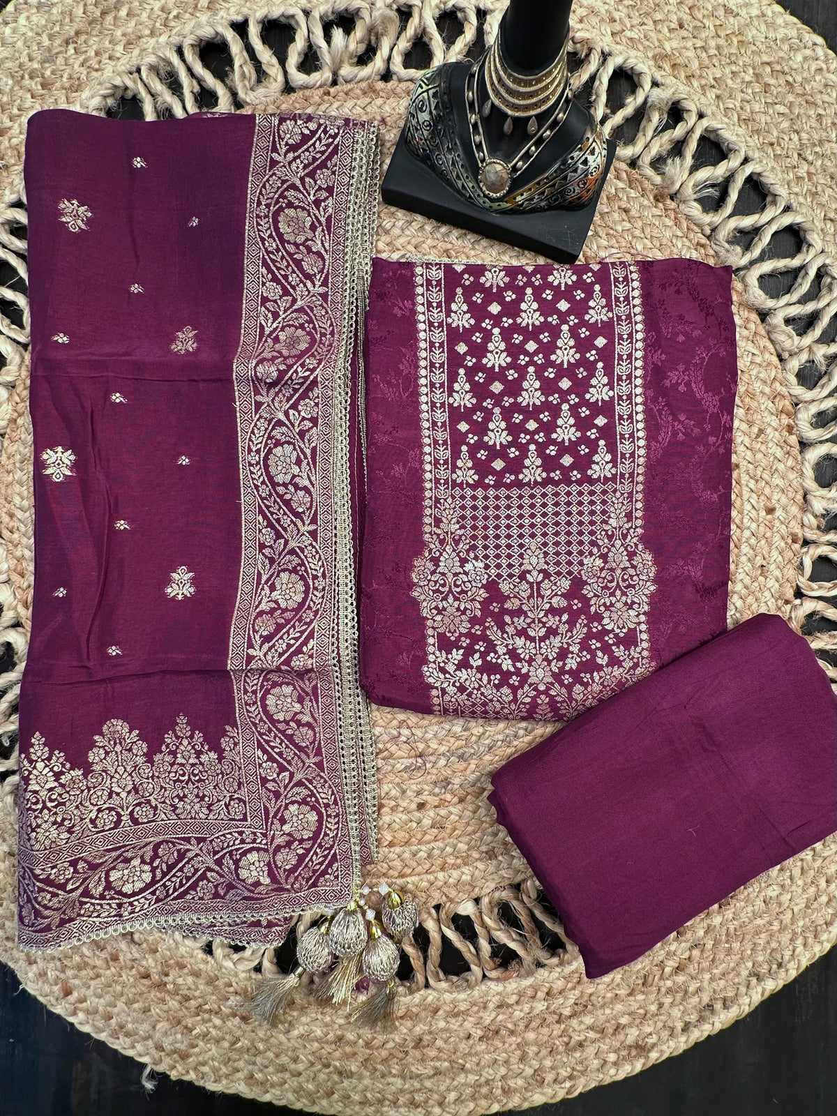 Wine Artificial Crepe Unstitched 3-Piece Suit