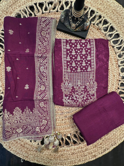 Wine Artificial Crepe Unstitched 3-Piece Suit