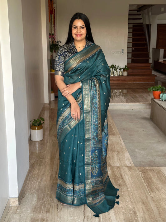 Turquoise Blue Muga Silk Saree