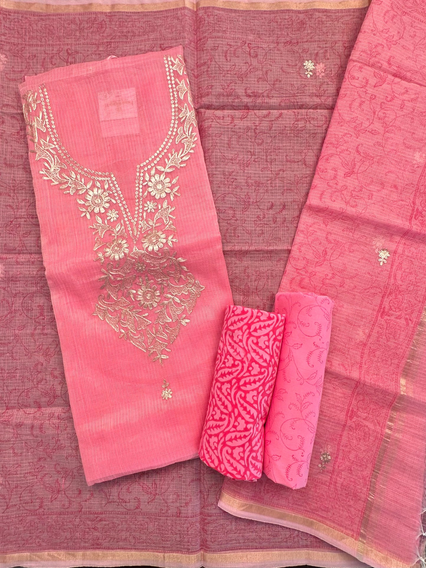 Pink 4-Piece Kota Doria Cotton Unstitched Suit