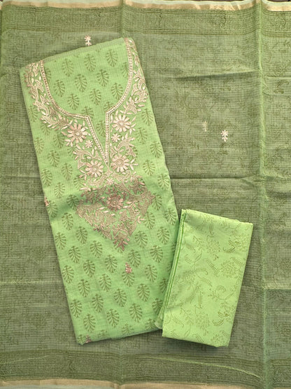 Parrot Green 4-Piece Kota Doria Cotton Unstitched Suit