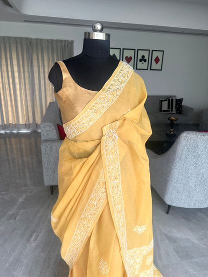 Yellow Chikankari Cotton Saree