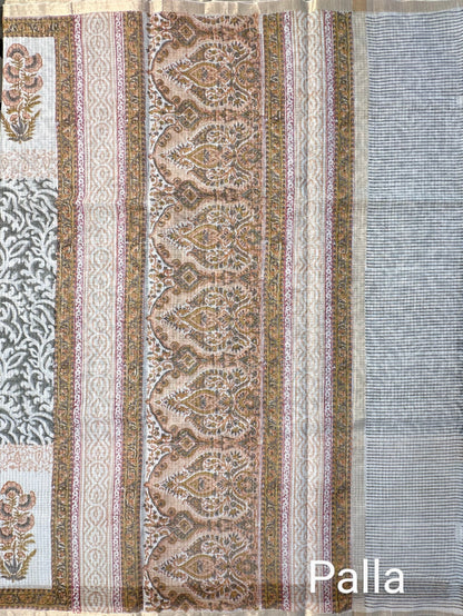 Off White-Dark Grey Block Printed Kota Doria Cotton Saree