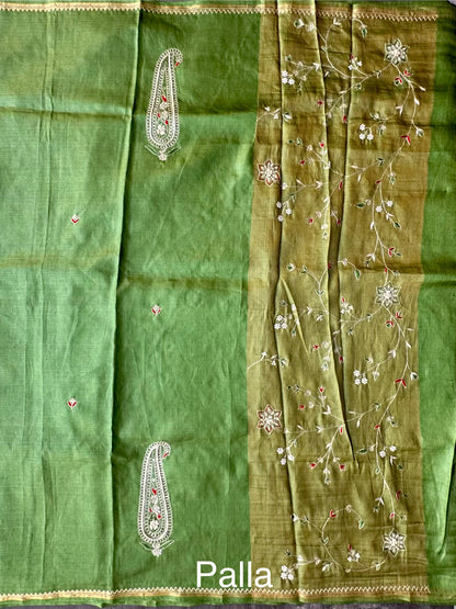 Green Hand Work Pure Tussar Silk Saree