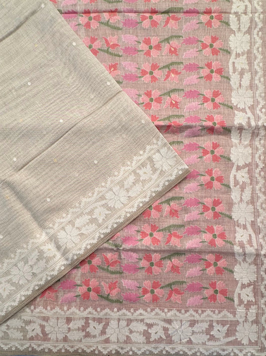 Beige-Pink Floral Weave Fancy Cotton Saree