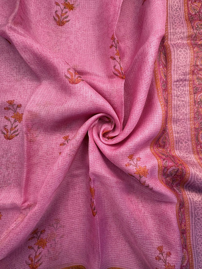 Pink Hand Block-Print Pure Kota Doria Silk Saree
