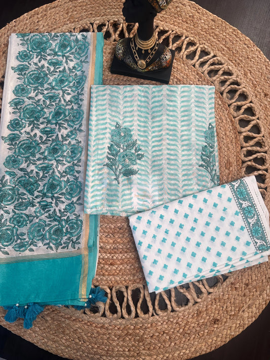 Off White-Sea Green Hand Block Printed Chanderi 3-Piece Unstitched Suit with Aari Work