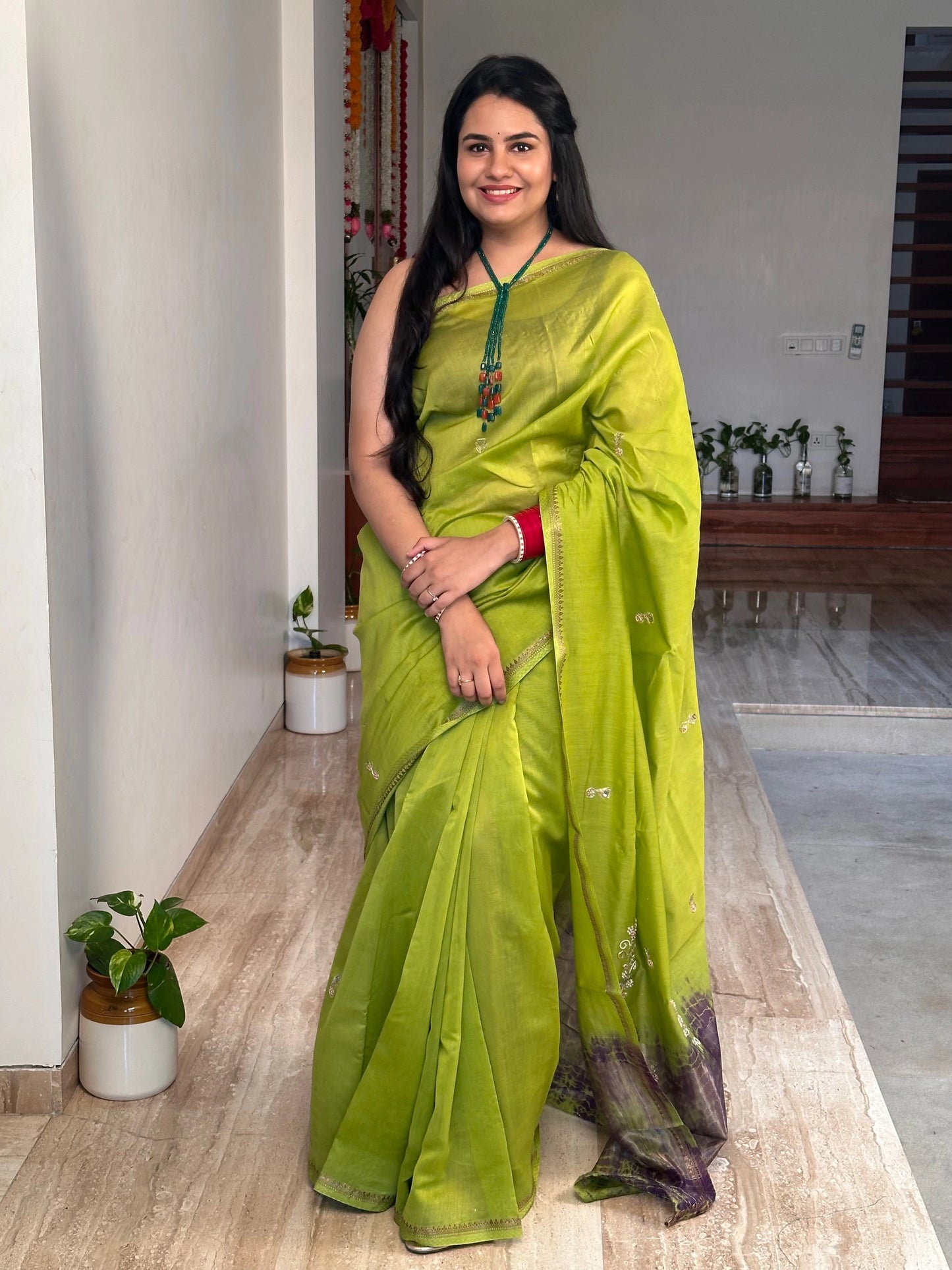 Green Drishti Chanderi Saree With Hand Work