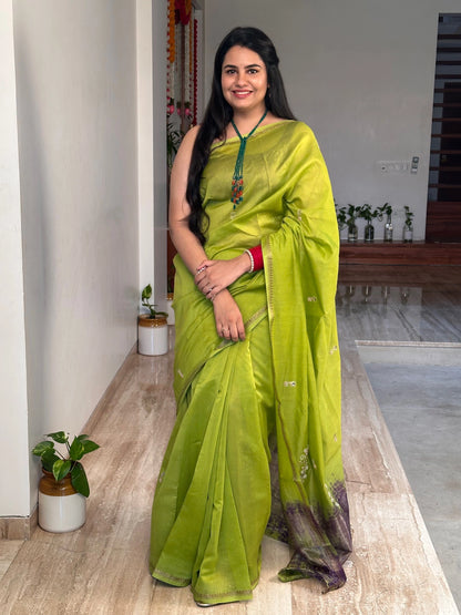 Green Drishti Chanderi Saree With Hand Work