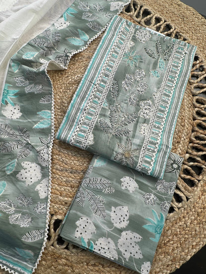 Pista Green Jaipuri Necktie Cotton 3-Piece Suit