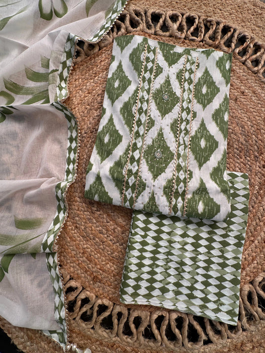 Off White-Green Printed Cotton 3-Piece Suit With Hand-Painted Dupatta