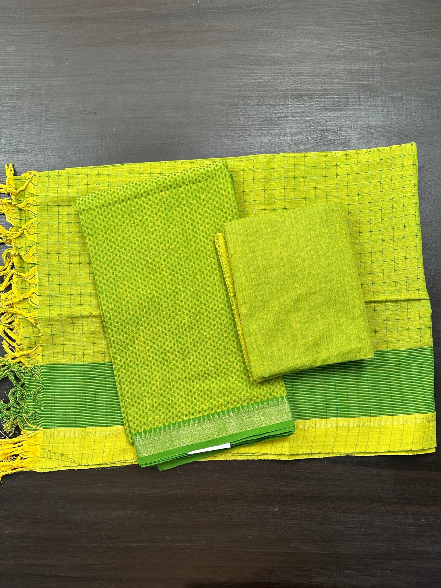 Parrot Green Handloom Emboss Cotton 3-Piece Suit