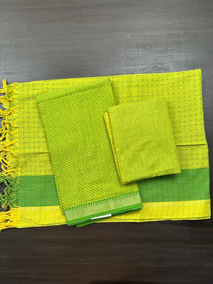 Parrot Green Handloom Emboss Cotton 3-Piece Suit