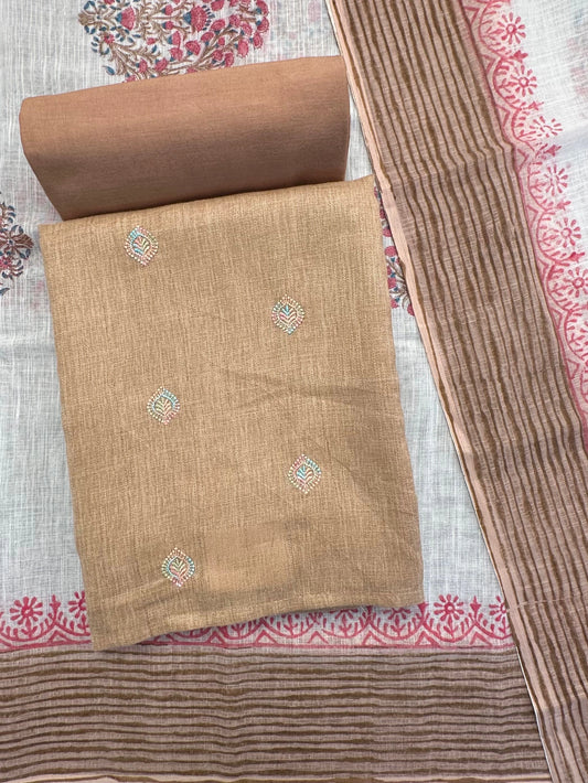 Beige Jute Cotton 3-Piece Unstitched Suit
