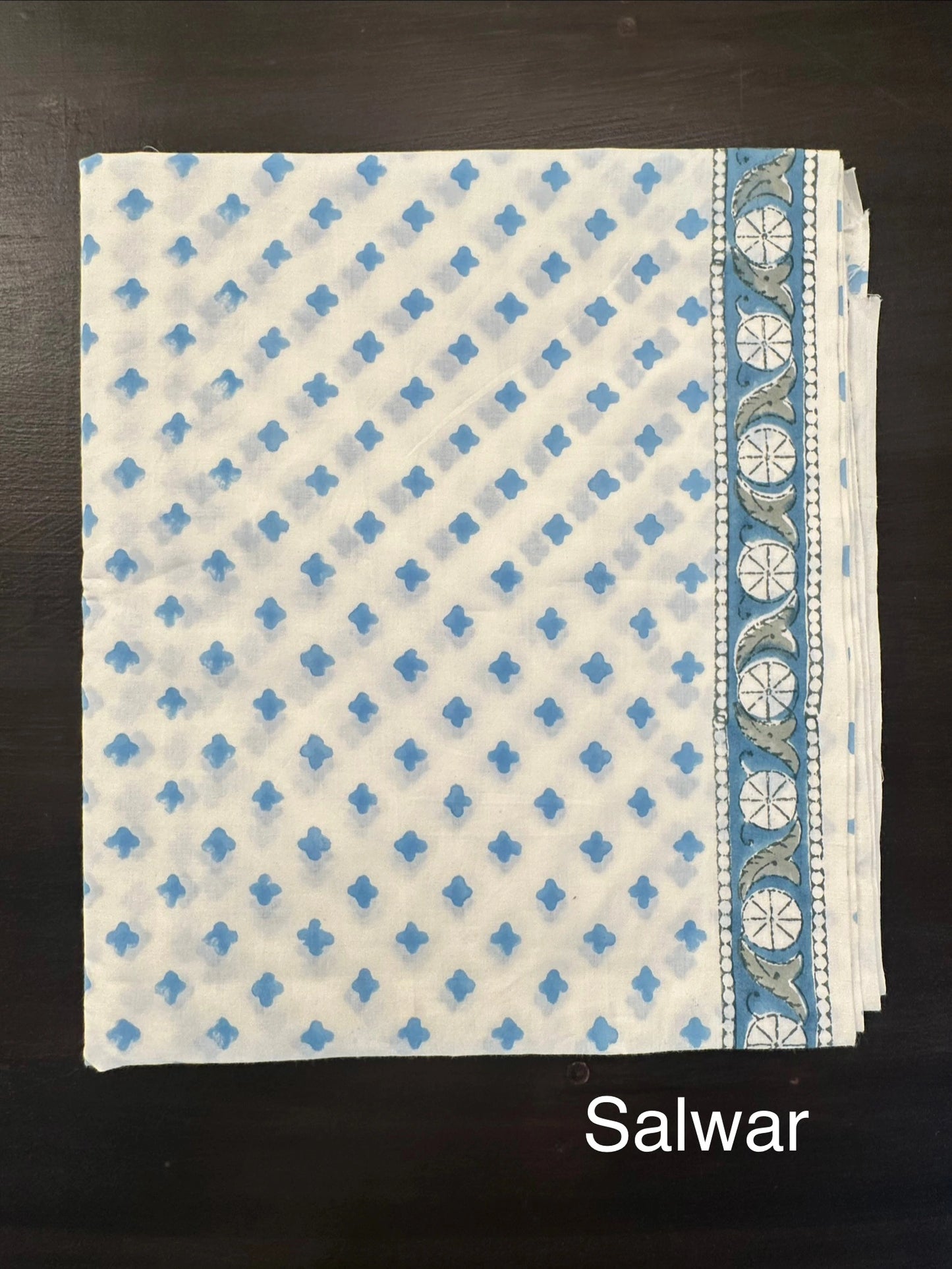Off White- Blue Hand Block Printed Chanderi 3-Piece Unstitched Suit with Aari Work