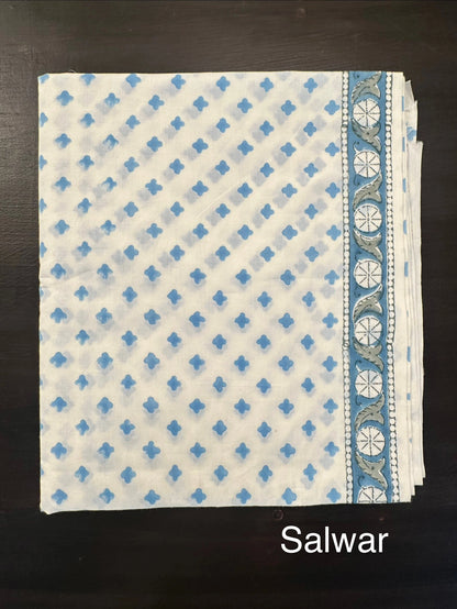 Off White- Blue Hand Block Printed Chanderi 3-Piece Unstitched Suit with Aari Work