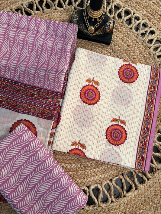 Cream-Pink Jaipuri Cotton 3-Piece Suit