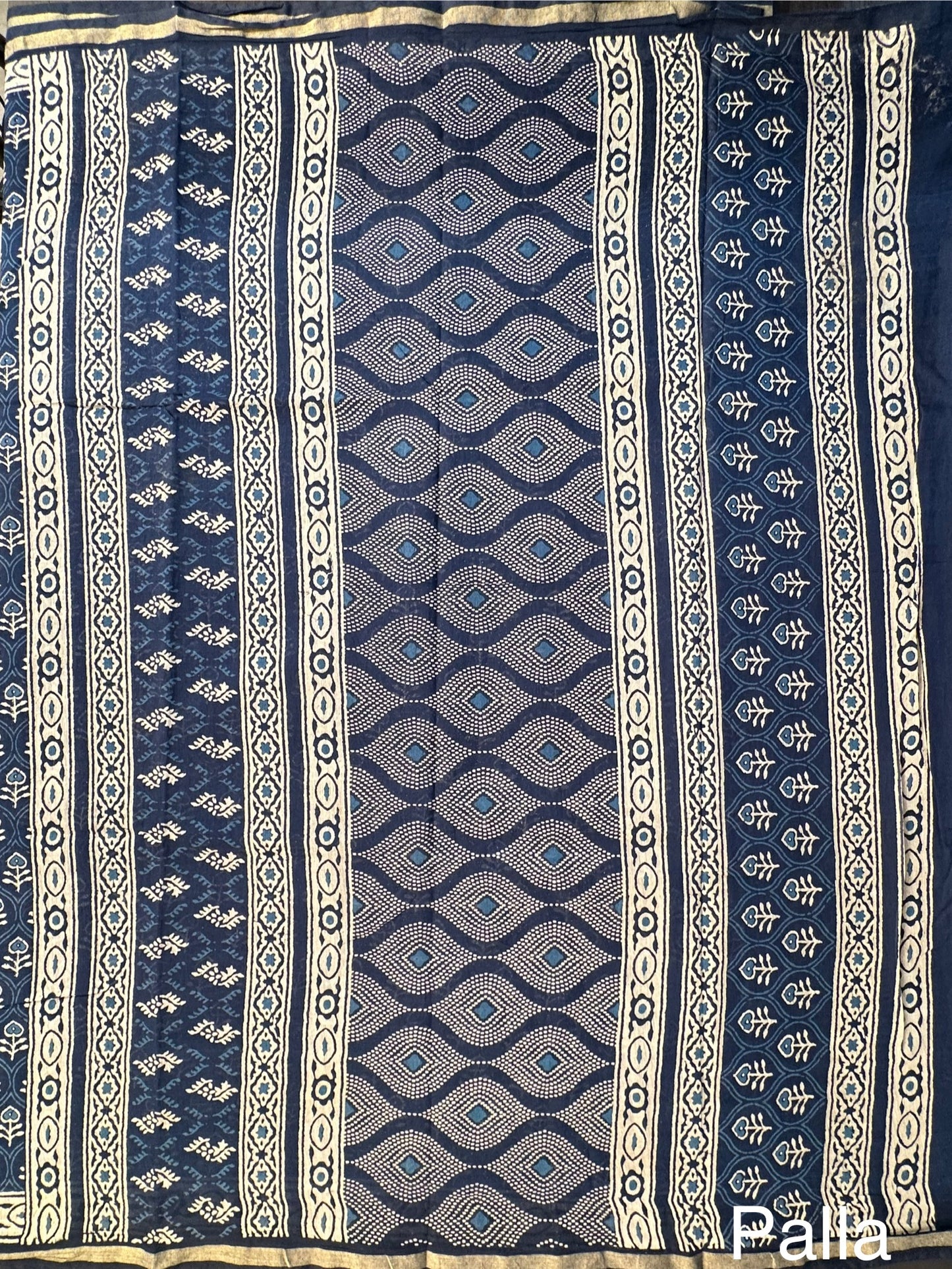 Indigo Blue Block Print Cotton Blend Saree