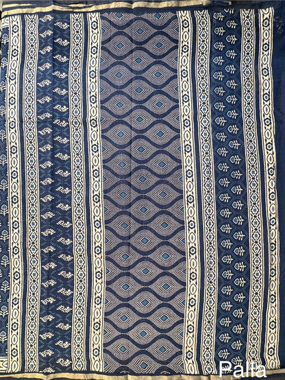 Indigo Blue Block Print Cotton Blend Saree