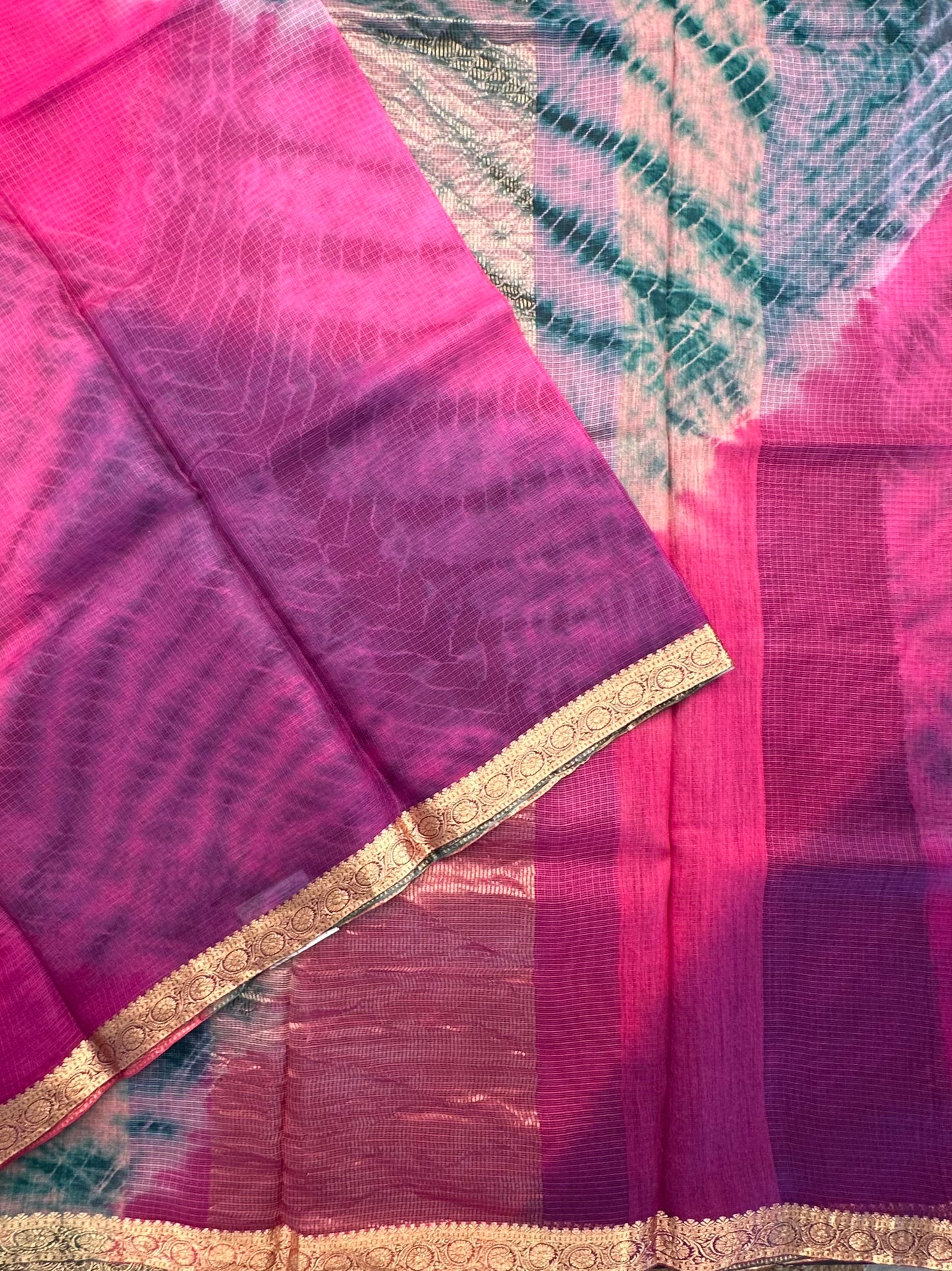 Rani Pink -Rama Green Shibori Kota Doria Pure Silk Saree