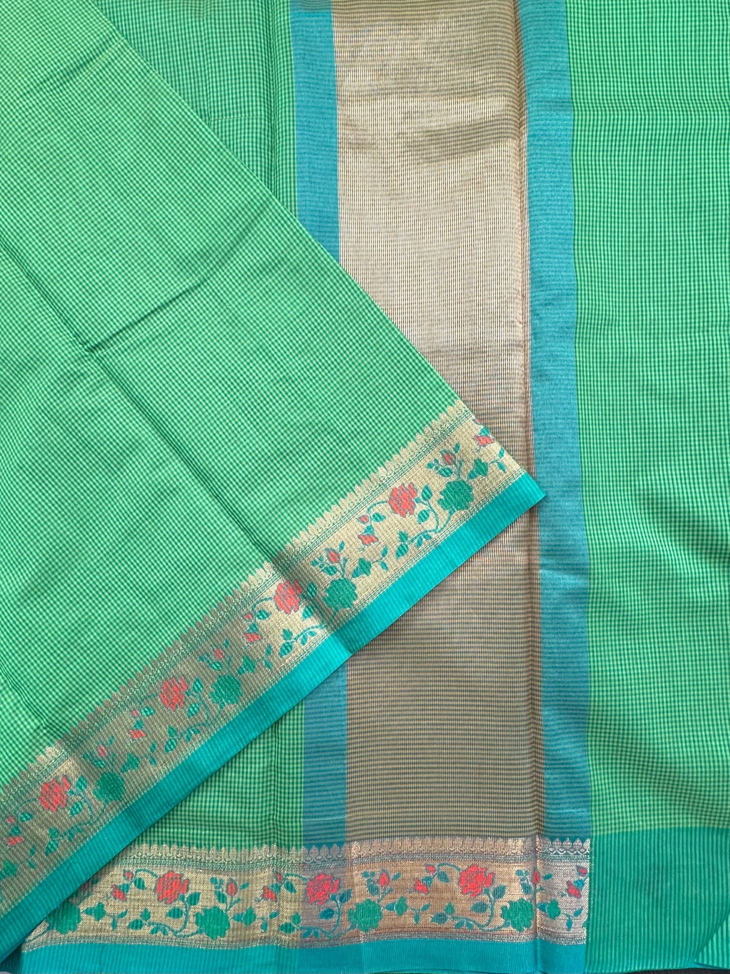 Green Checkered Fancy Cotton Saree