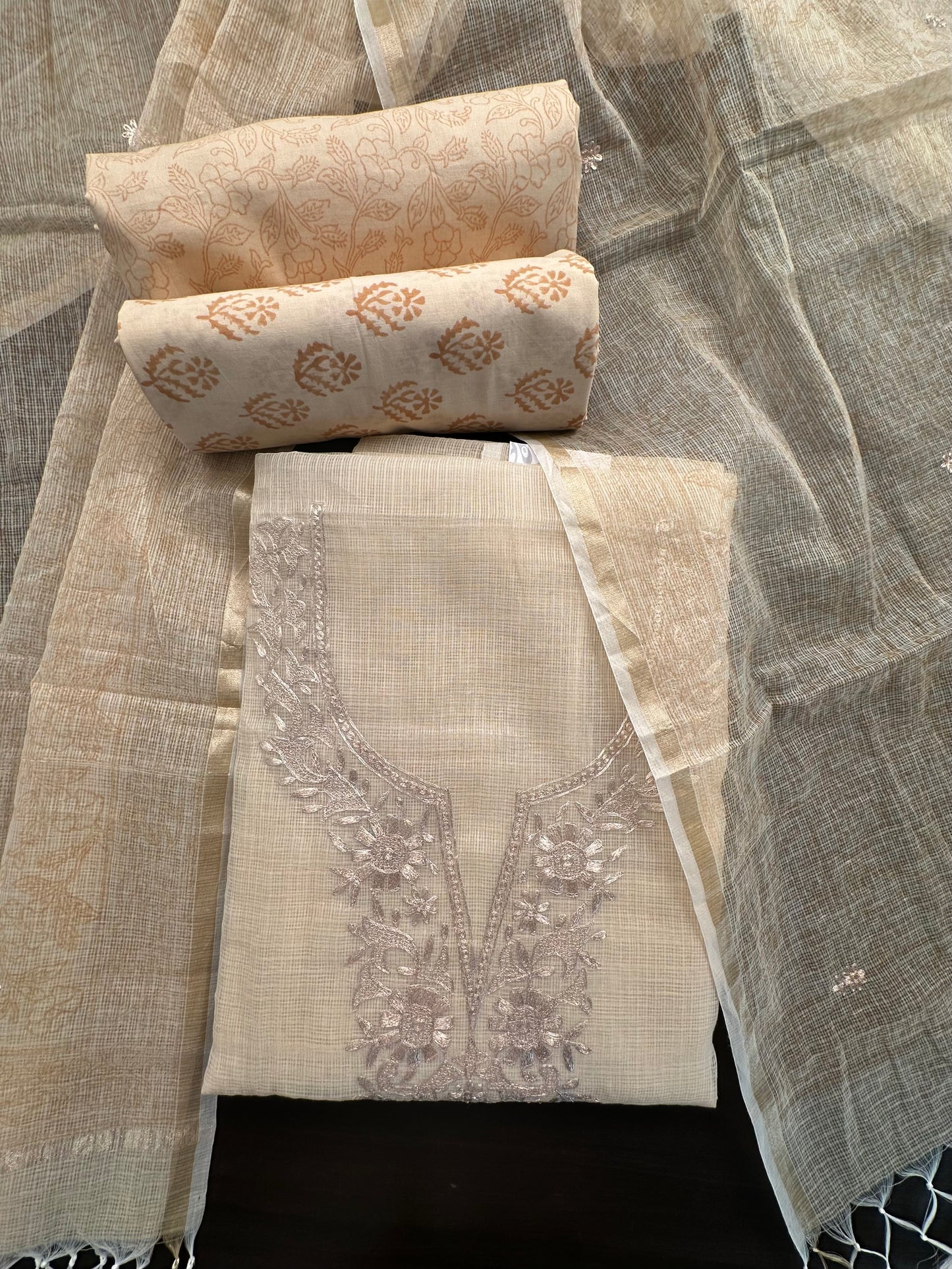 Beige  4-Piece Kota Doria Cotton Unstitched Suit