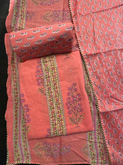 Coral Pink  Jaipuri Necktie Cotton 3-Piece Suit