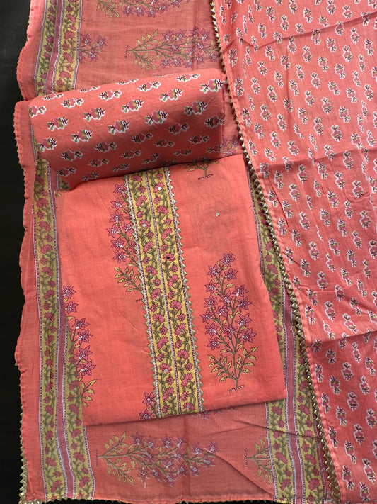 Coral Pink  Jaipuri Necktie Cotton 3-Piece Suit