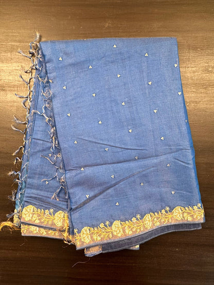 Blue Tussar-Tissue Silk Saree with HandWork