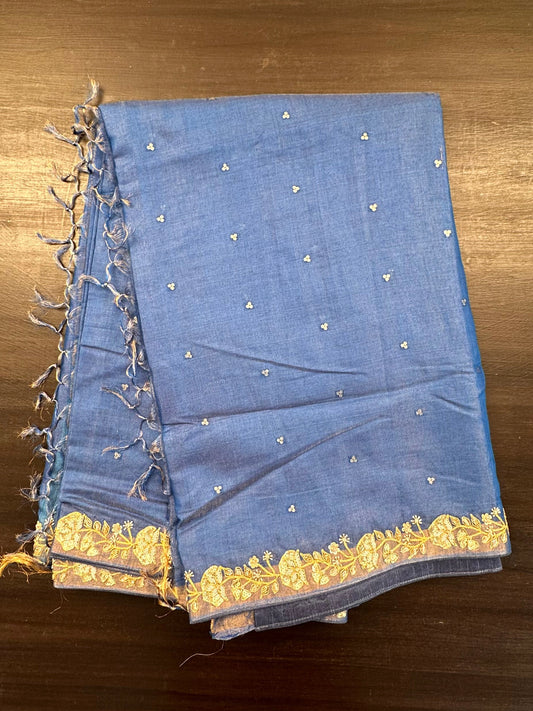 Blue Tussar-Tissue Silk Saree with HandWork