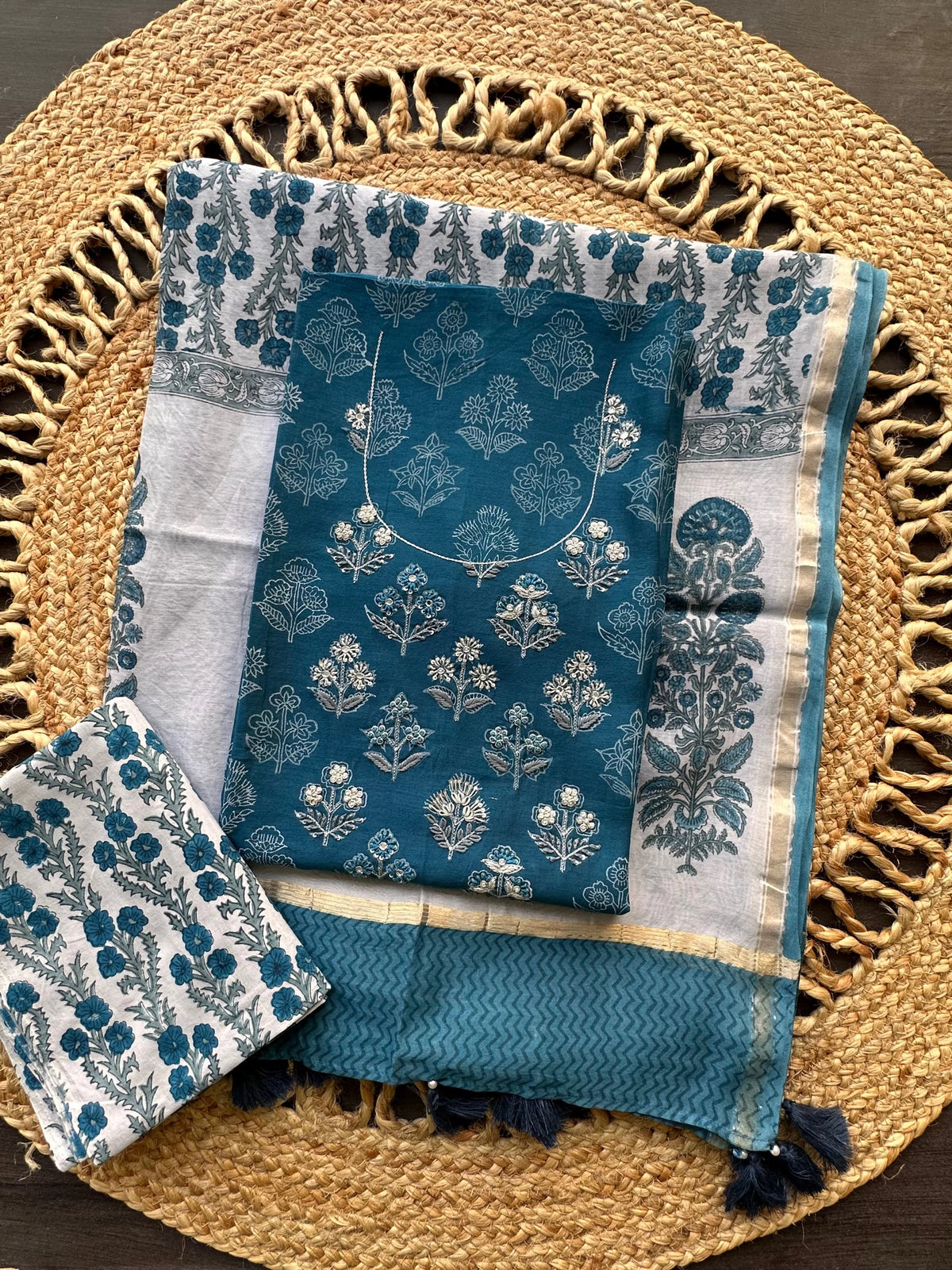 Blue Chanderi Khadi Hand Block Printed 3-Piece Unstitched Suit